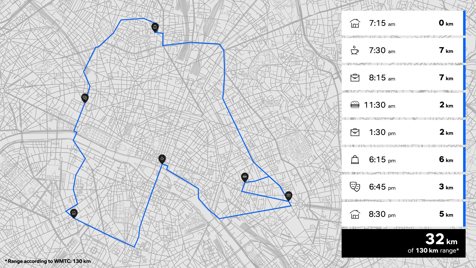 Route illustration on map with information about stops and final distance travelled.